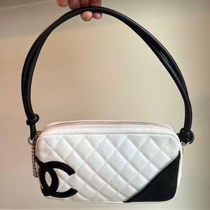 CHANEL Leather Cambon small shoulder Bag White/Black